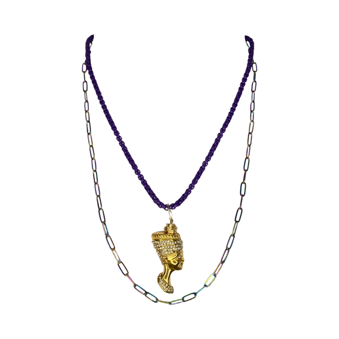 Nefertiti Stainless Steel Gold Plated with Rhinestones Charm Purple Chain & Litmus Chain 17“ Princess Necklace