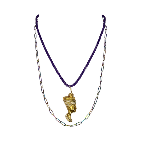 Nefertiti Stainless Steel Gold Plated with Rhinestones Charm Purple Chain & Litmus Chain 17“ Princess Necklace