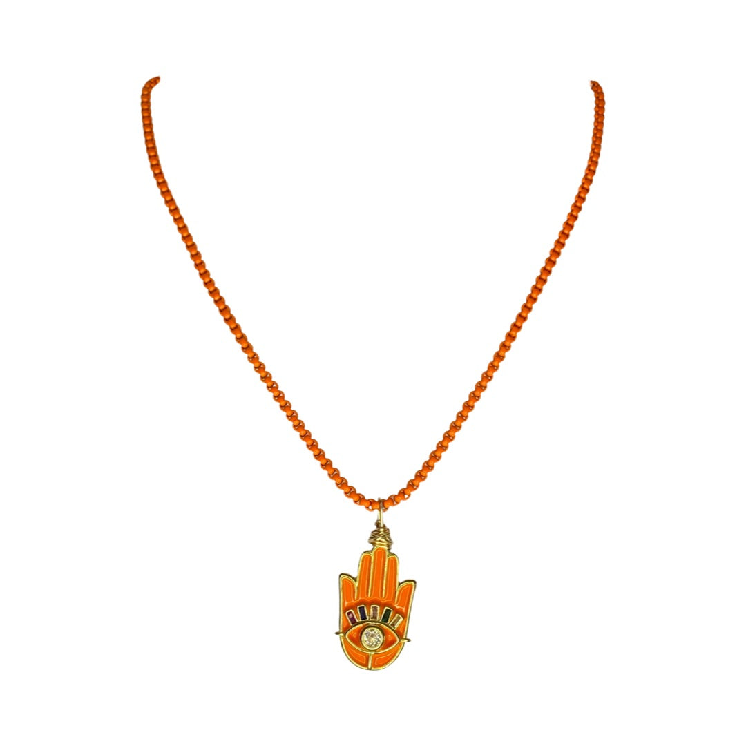 Gold Plated Hamsa Hand Orange Colorful Rhinestone Stainless Steel Charm Orange Chain 18” Princess Necklace