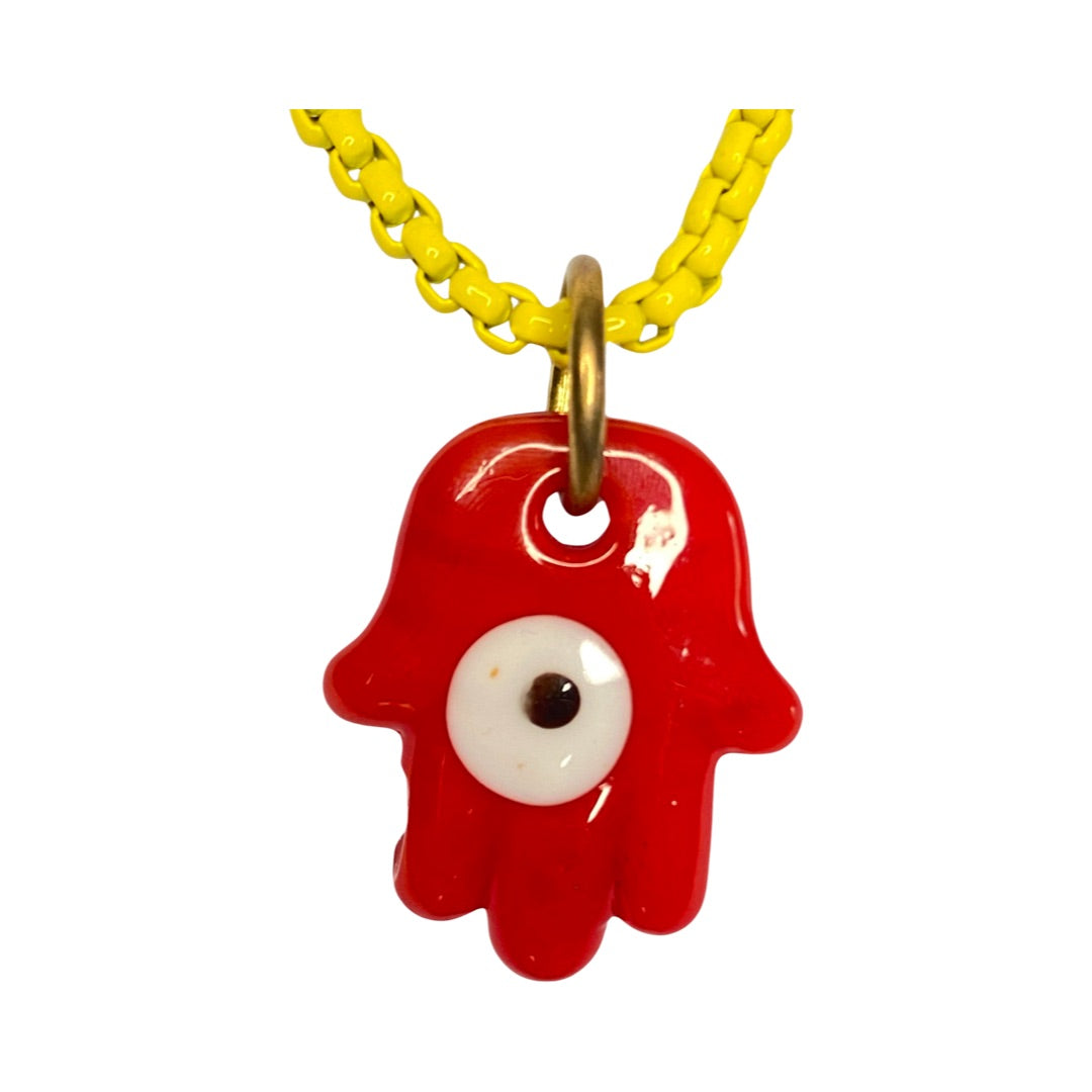 Red Hamsa Hand Ceramic Yellow Chain  20” Matinee Necklace