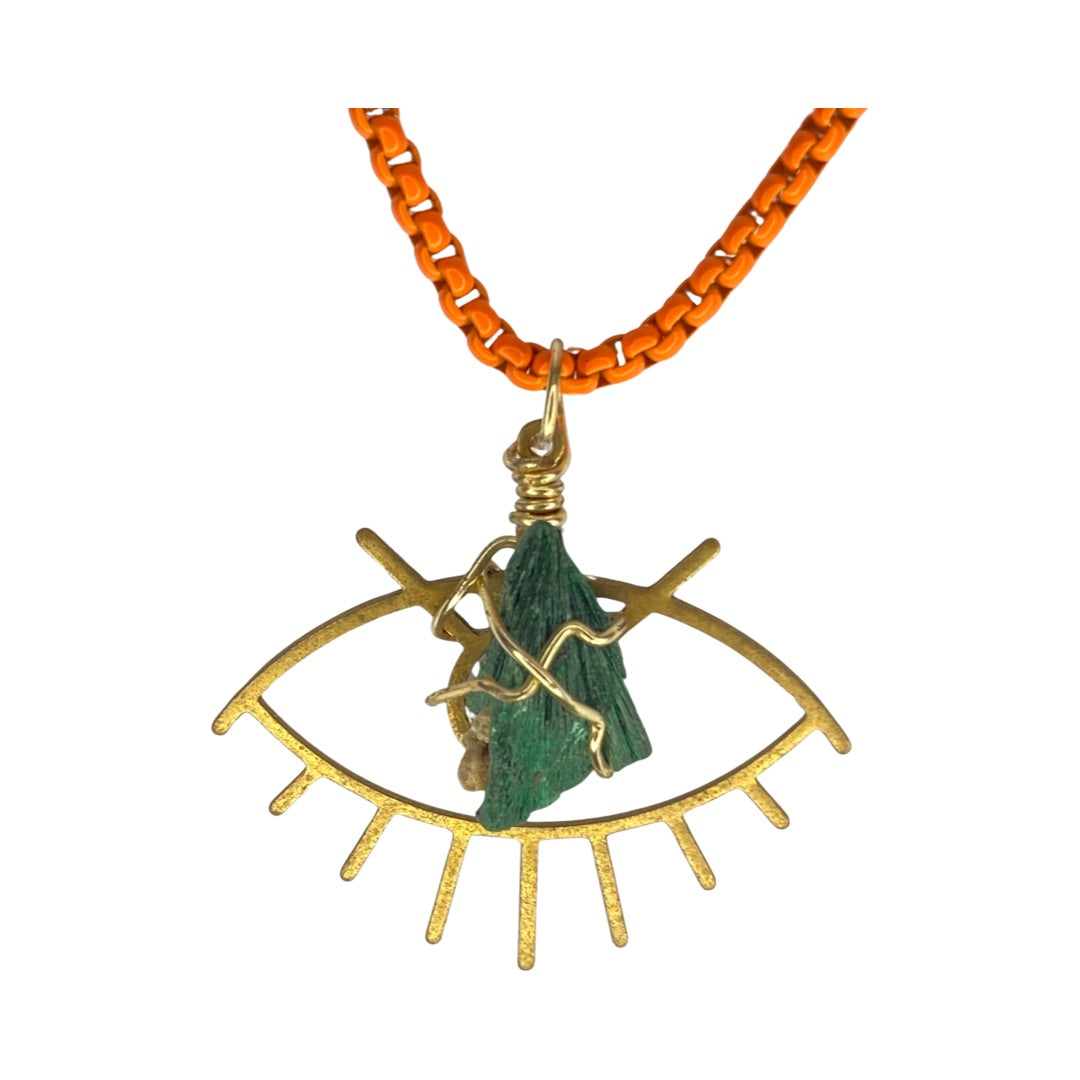 Gold Plated Eye Charm Stainless Steel & Raw Malachite 20” Matinee Necklace