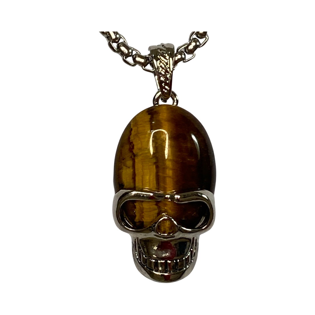 Tiger Eye Stainless Steel Skull 34“ Opera Necklace