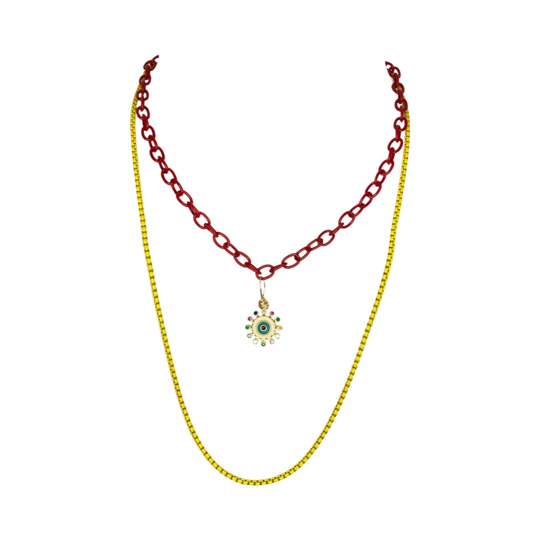 Gold Plated Colorful Rhinestones Eye Stainless Steel Red Chain & Yellow Chain 24” Matinee Necklace