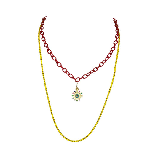 Gold Plated Colorful Rhinestones Eye Stainless Steel Red Chain & Yellow Chain 24” Matinee Necklace