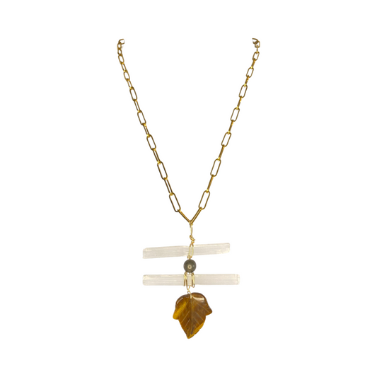 Two Selenite, Pyrite & Tiger Eye Leaf  21“ Matinee Necklace