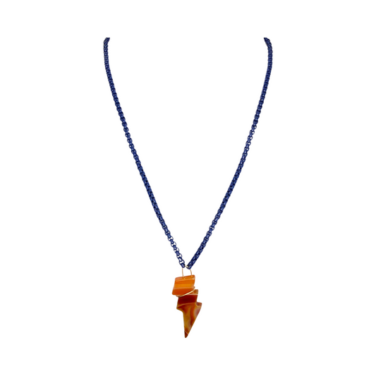 Carnelian Lightning Bolt Dark Blue Chain 22“ Matinee Necklace