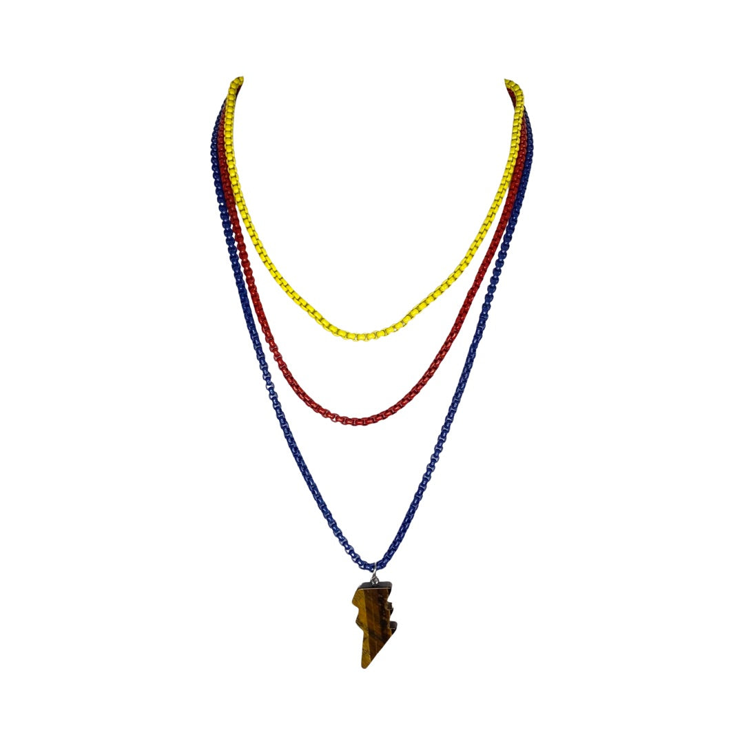 Eye Trigger Lighting Bolt Yellow, Red & Dark Blue Layered Chains  16“ Choker Necklace