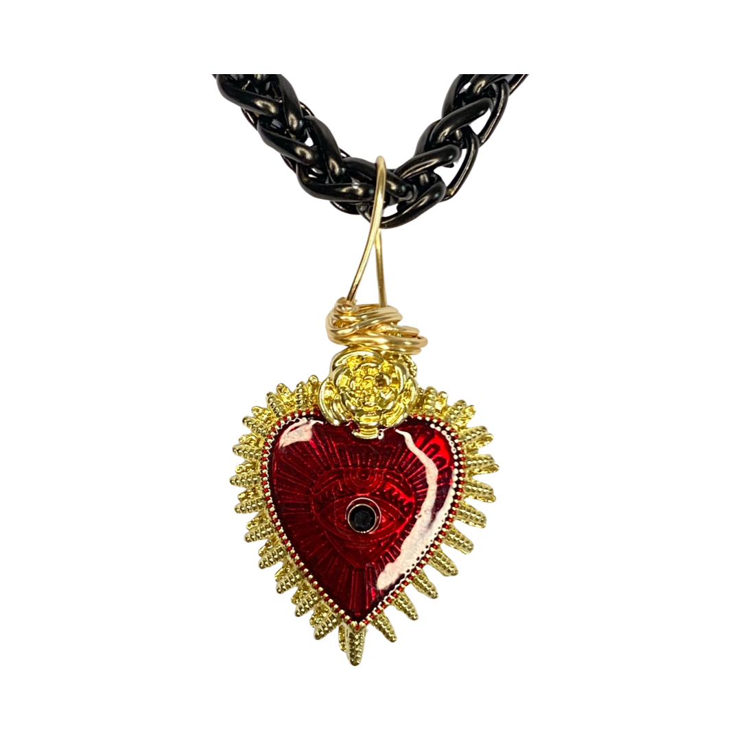 Gold Plated Sacred Heart Black & Red Reversible 20“ Matinee Necklace