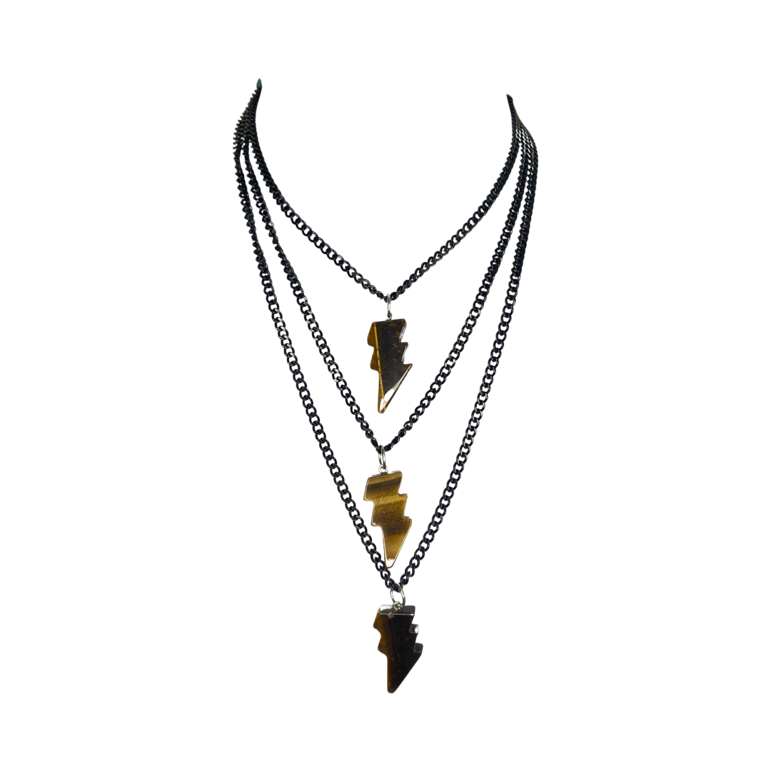 Tiger Eye Lighting Bolt Layered Chains  16“ Choker Necklace