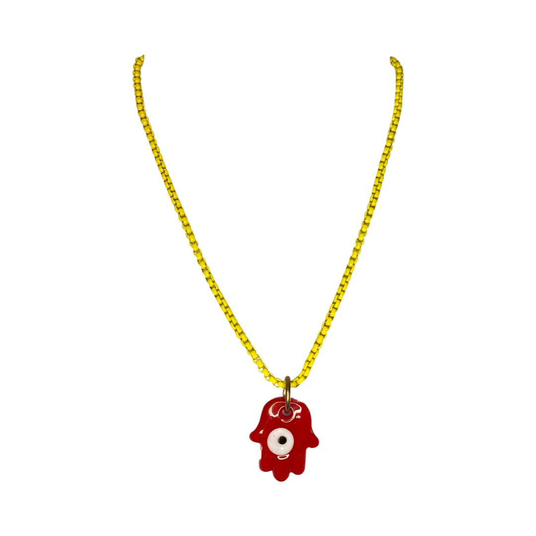 Red Hamsa Hand Ceramic Yellow Chain  20” Matinee Necklace