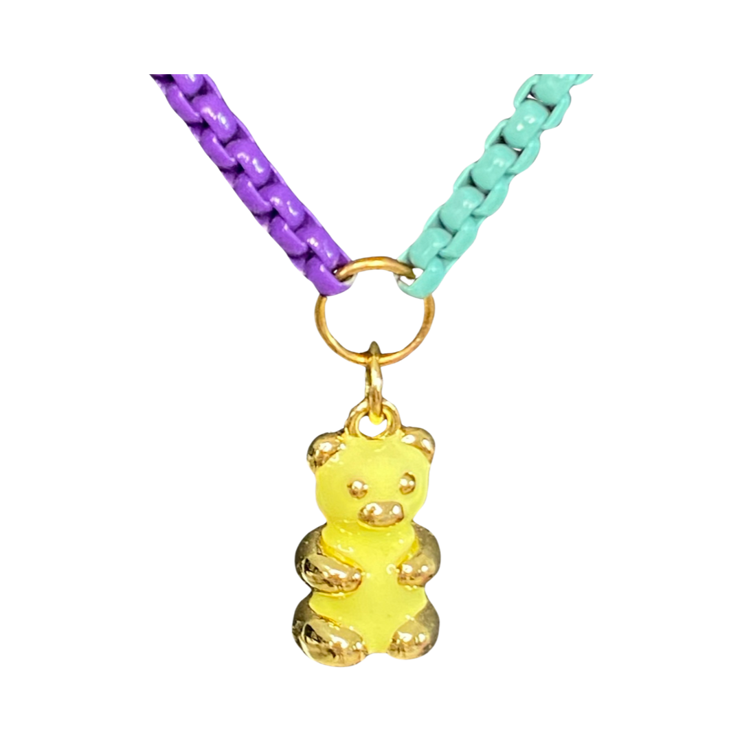 Gold Plated Stainless Steel Teddy Bear Gold, Orange, Blue, Purple, Mint & White Chain 20” Matinee Necklace