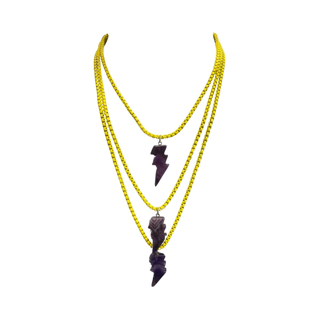 Amethyst Lighting Bolt Yellow Layered Chains 16” Choker Necklace