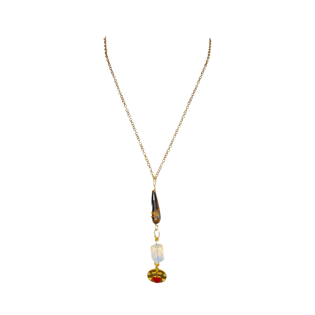 Tiger Eye Drop, Opalite & Enamel Charm 18” Matinee Neck