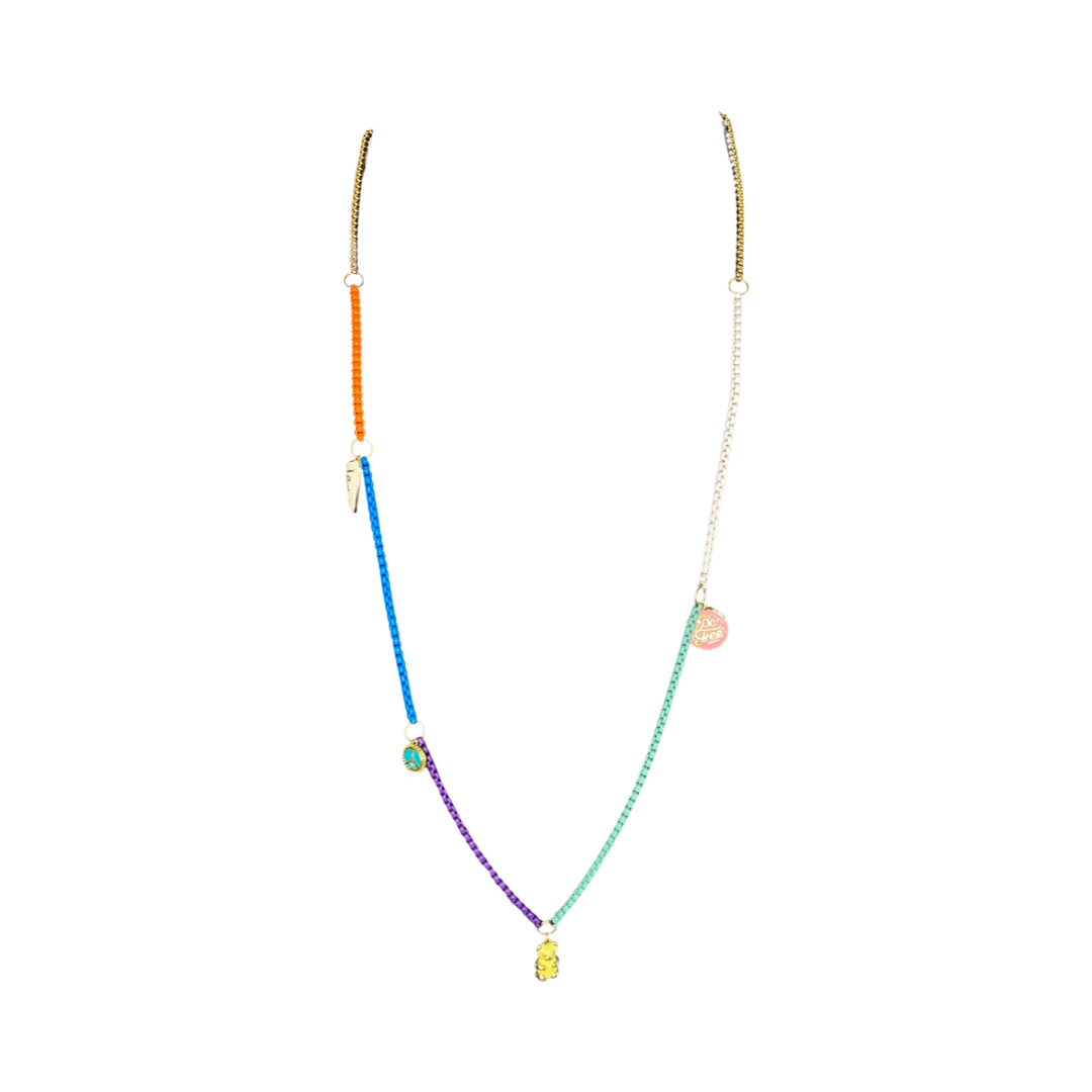 Gold Plated Stainless Steel Teddy Bear Gold, Orange, Blue, Purple, Mint & White Chain 20” Matinee Necklace