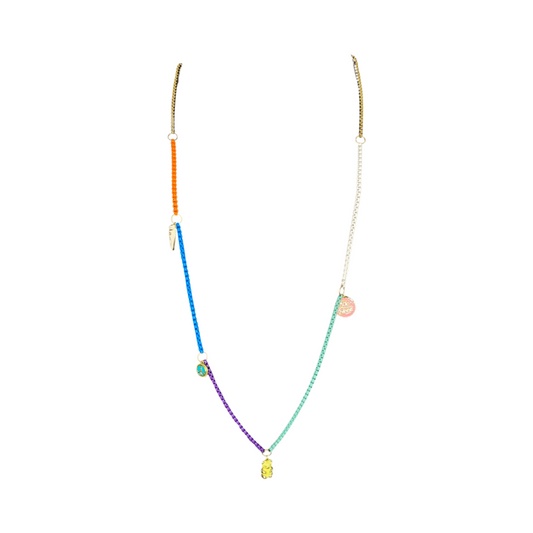 Gold Plated Stainless Steel Teddy Bear Gold, Orange, Blue, Purple, Mint & White Chain 20” Matinee Necklace