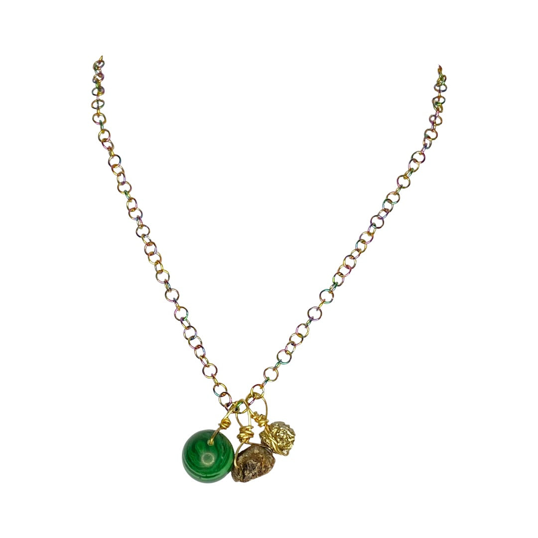 Malachite, Raw Tiger Eye & Pyrite Litmus Chain  18“ Princess Necklace