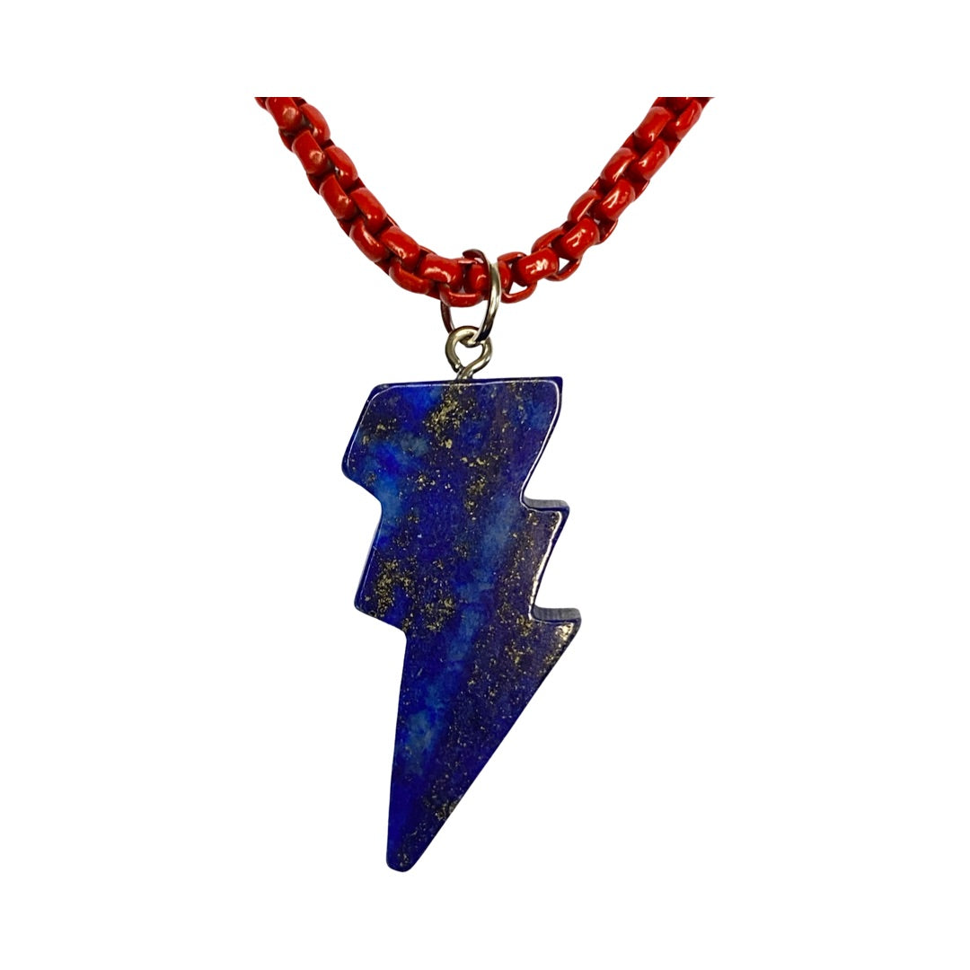 Lapis Lazuli Lighting Bolt Red Chain 20” Matinee Necklace