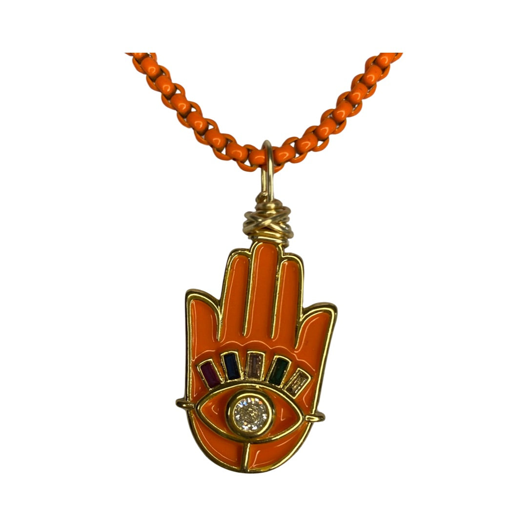 Gold Plated Hamsa Hand Orange Colorful Rhinestone Stainless Steel Charm Orange Chain 18” Princess Necklace