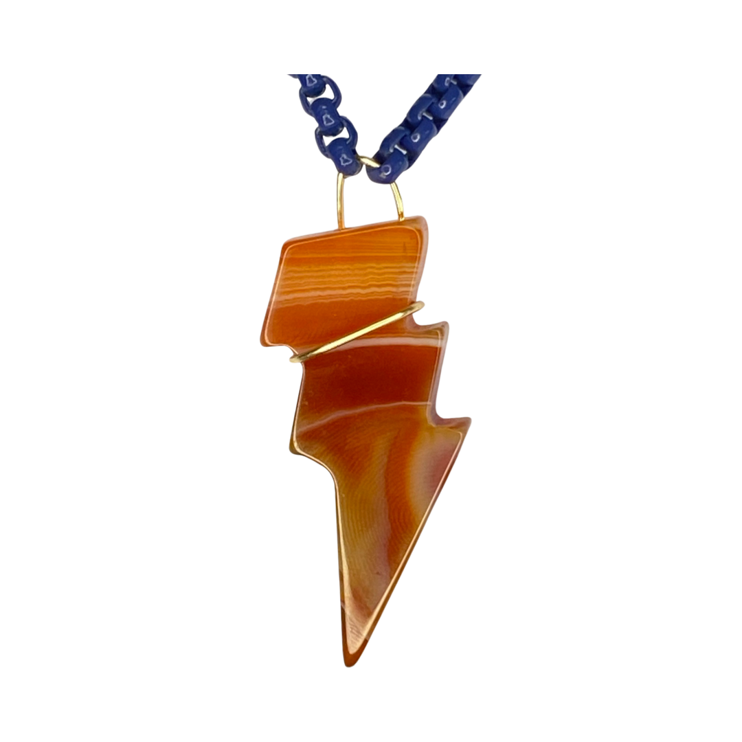 Carnelian Lightning Bolt Dark Blue Chain 22“ Matinee Necklace