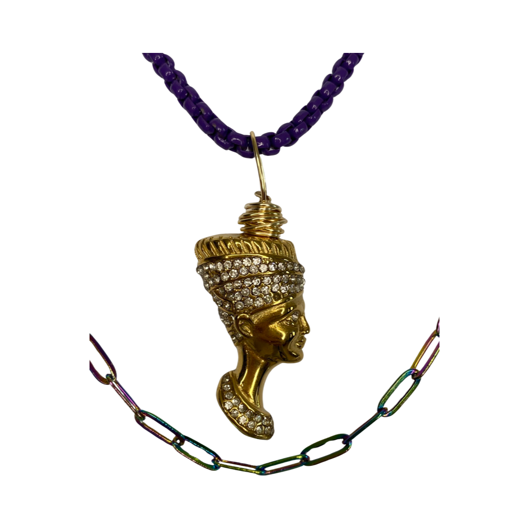 Nefertiti Stainless Steel Gold Plated with Rhinestones Charm Purple Chain & Litmus Chain 17“ Princess Necklace