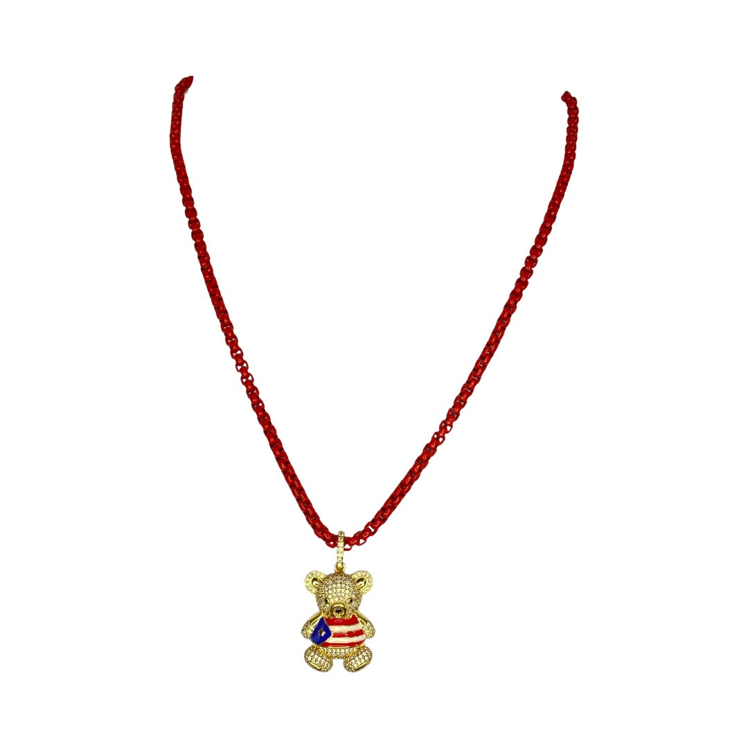 Gold Plated Rhinestones Bear Puerto Rico Flag Stainless Steel Red Chain 20” Matinee Necklace