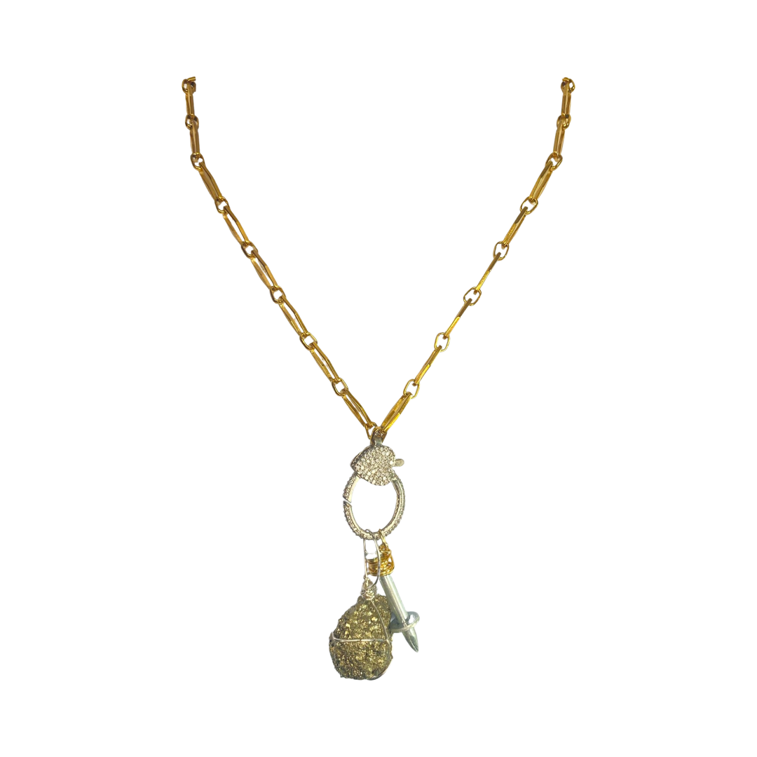 Pyrite, Heart Rhinestone Clam with a Stainless Steel Nail 16” Princess Necklace