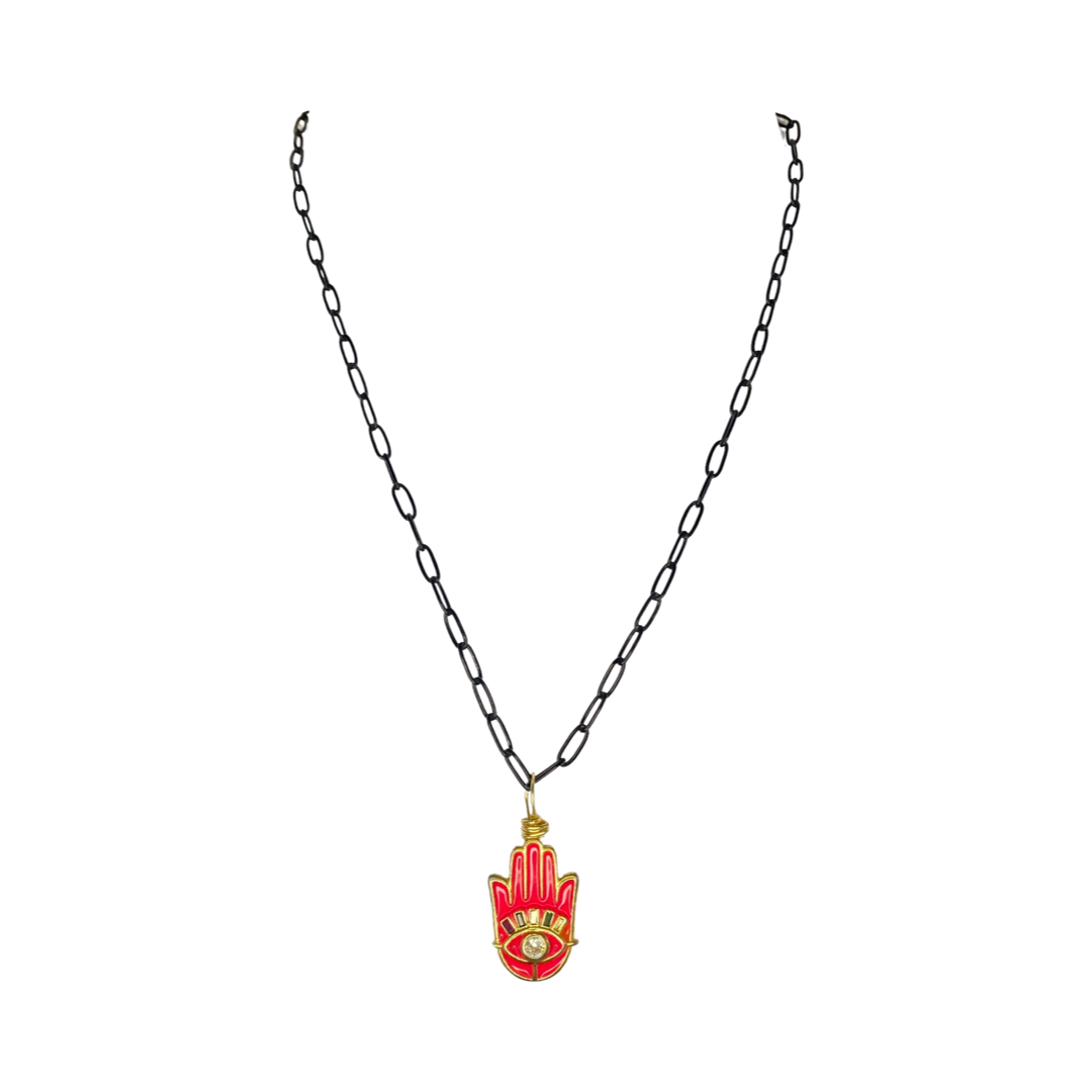 Pink Hamsa Hand  22“ Matinee Necklace