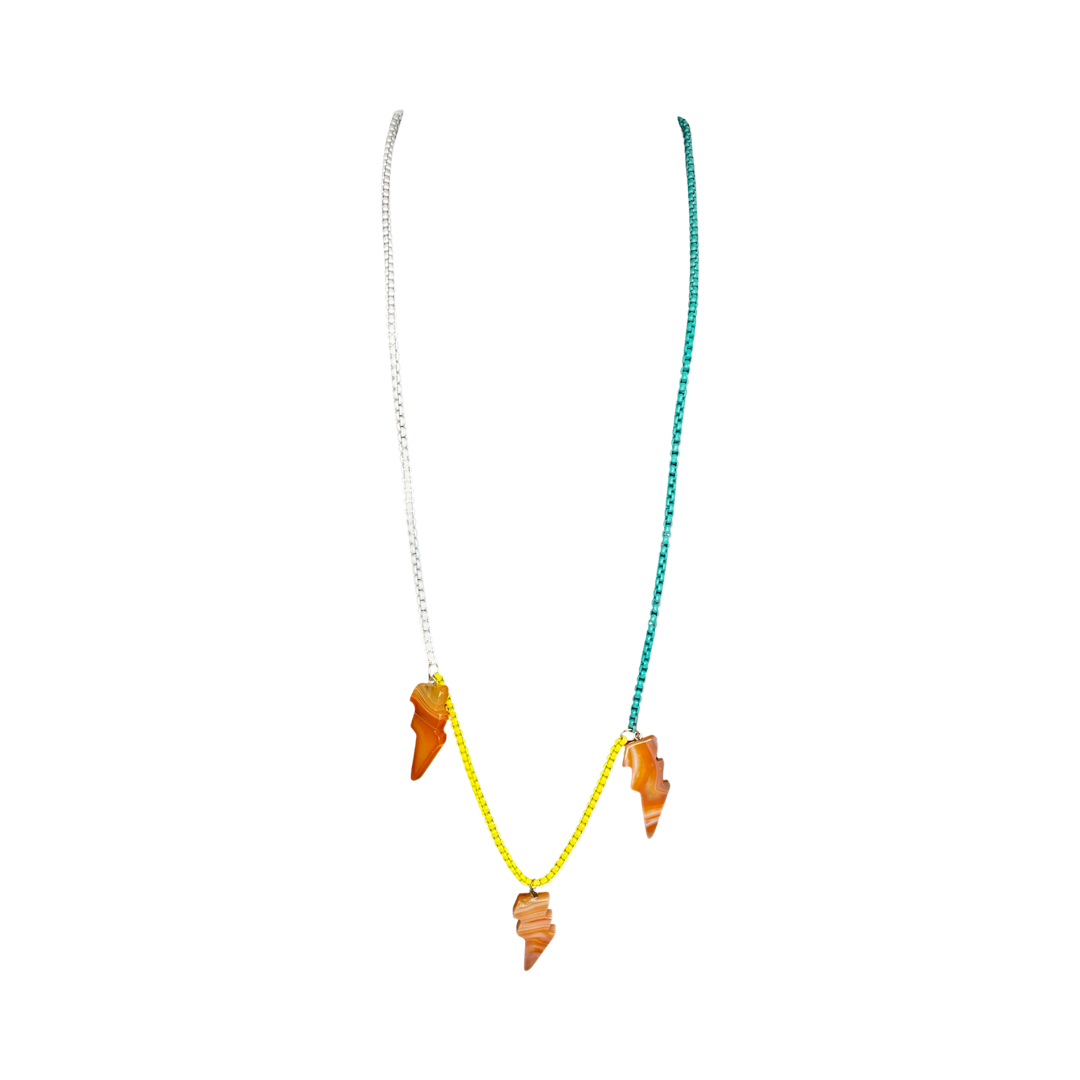 Carnelian Lighting Bolt White, Yellow & Teal Chain 30” Opera Necklace