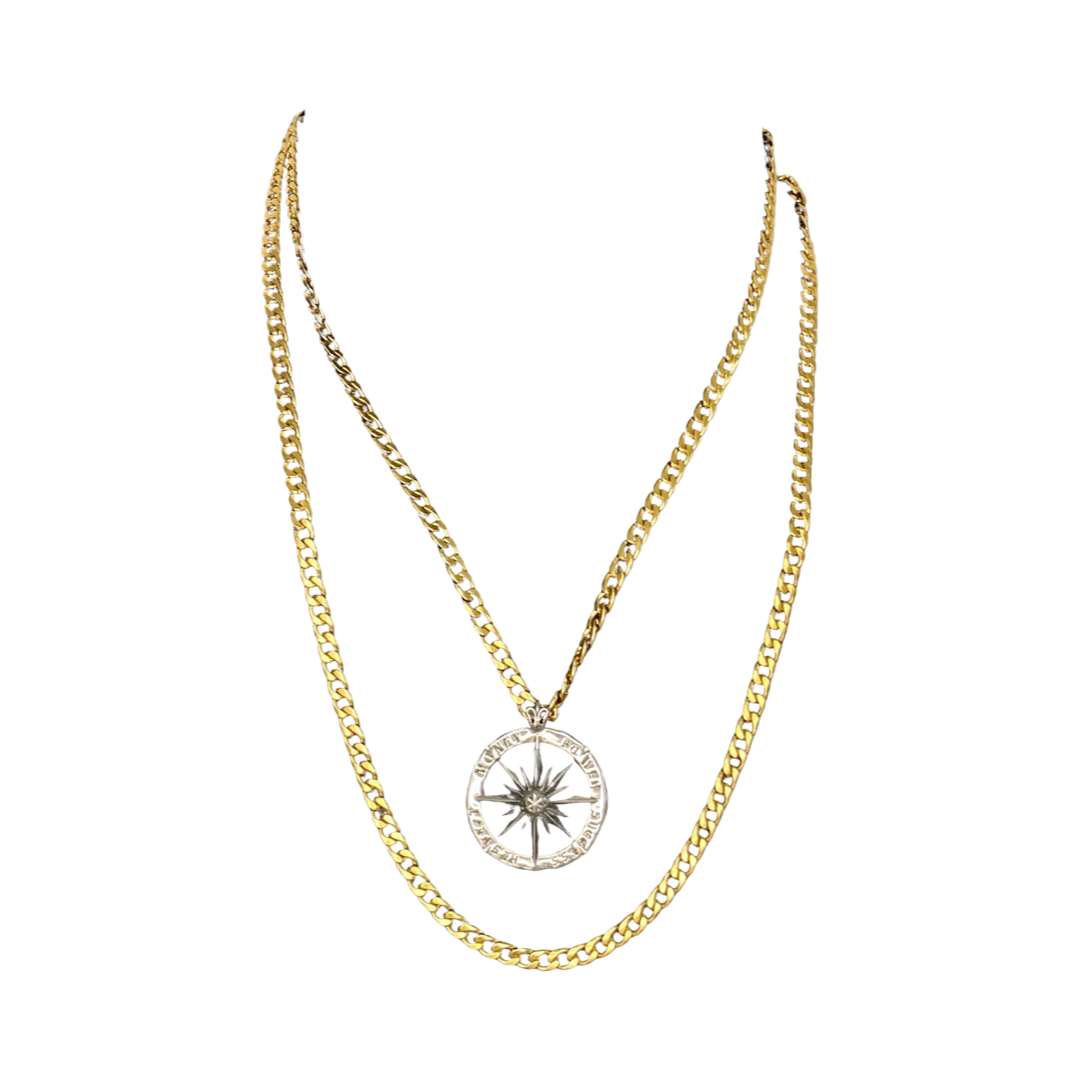 Wind Flower & Compass Stainless Steel Layered Chains Necklace 18“