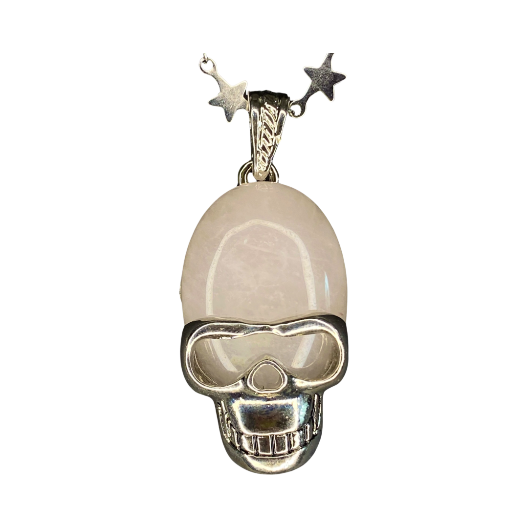 Rose Quartz Stainless Steel Skull  20“ Matinee Necklace