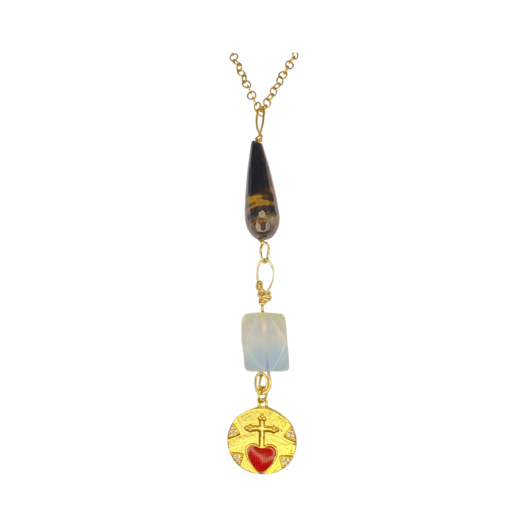 Tiger Eye Drop, Opalite & Enamel Charm 18” Matinee Neck