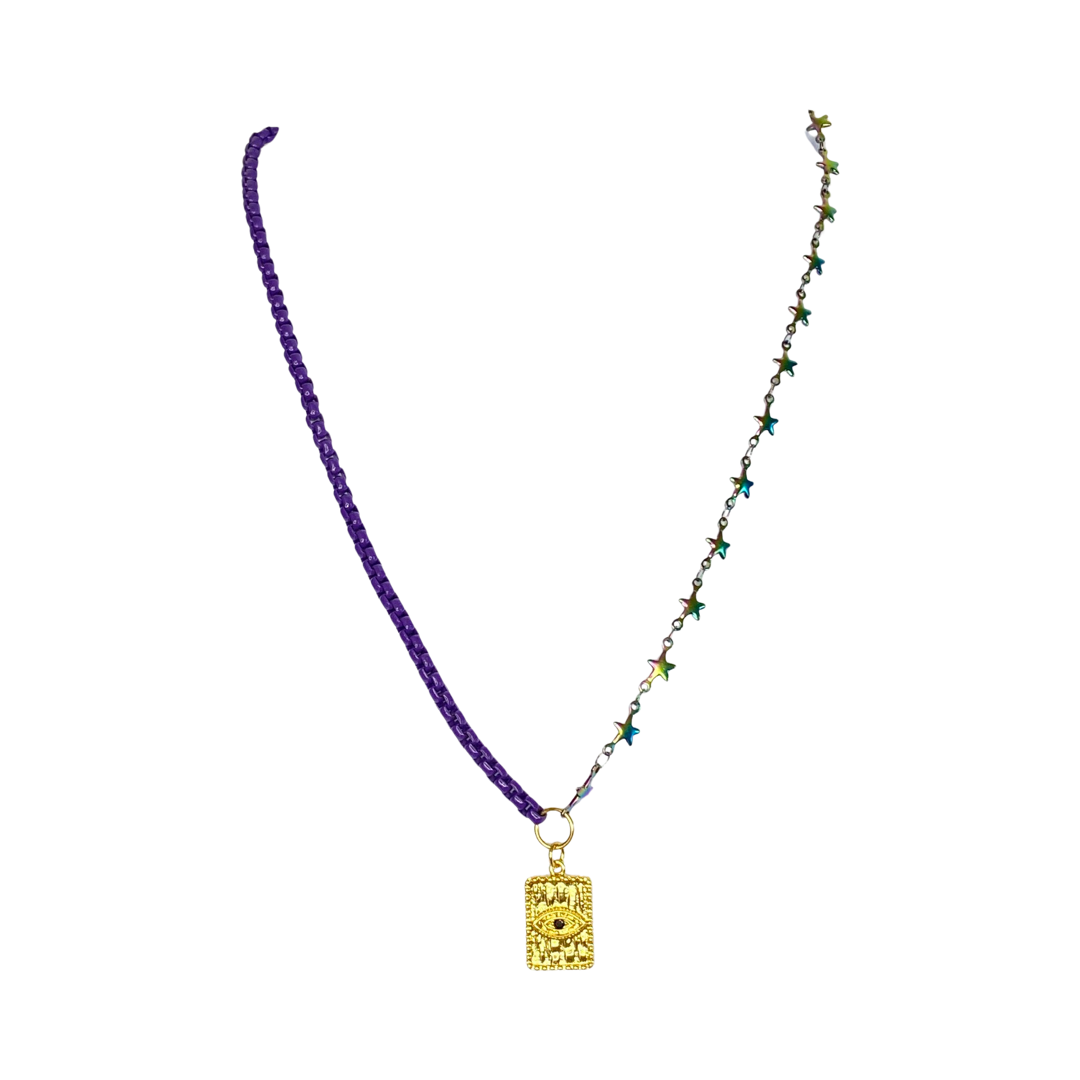 Gold Plated Square Lucky Eye Charm Stainless Steel Purple Chain & Litmus Chain 19“ Matinee Necklace