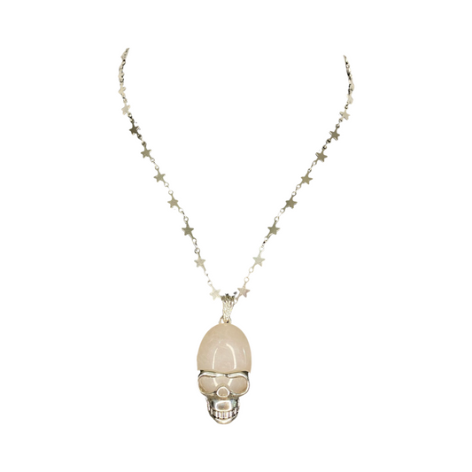 Rose Quartz Stainless Steel Skull  20“ Matinee Necklace