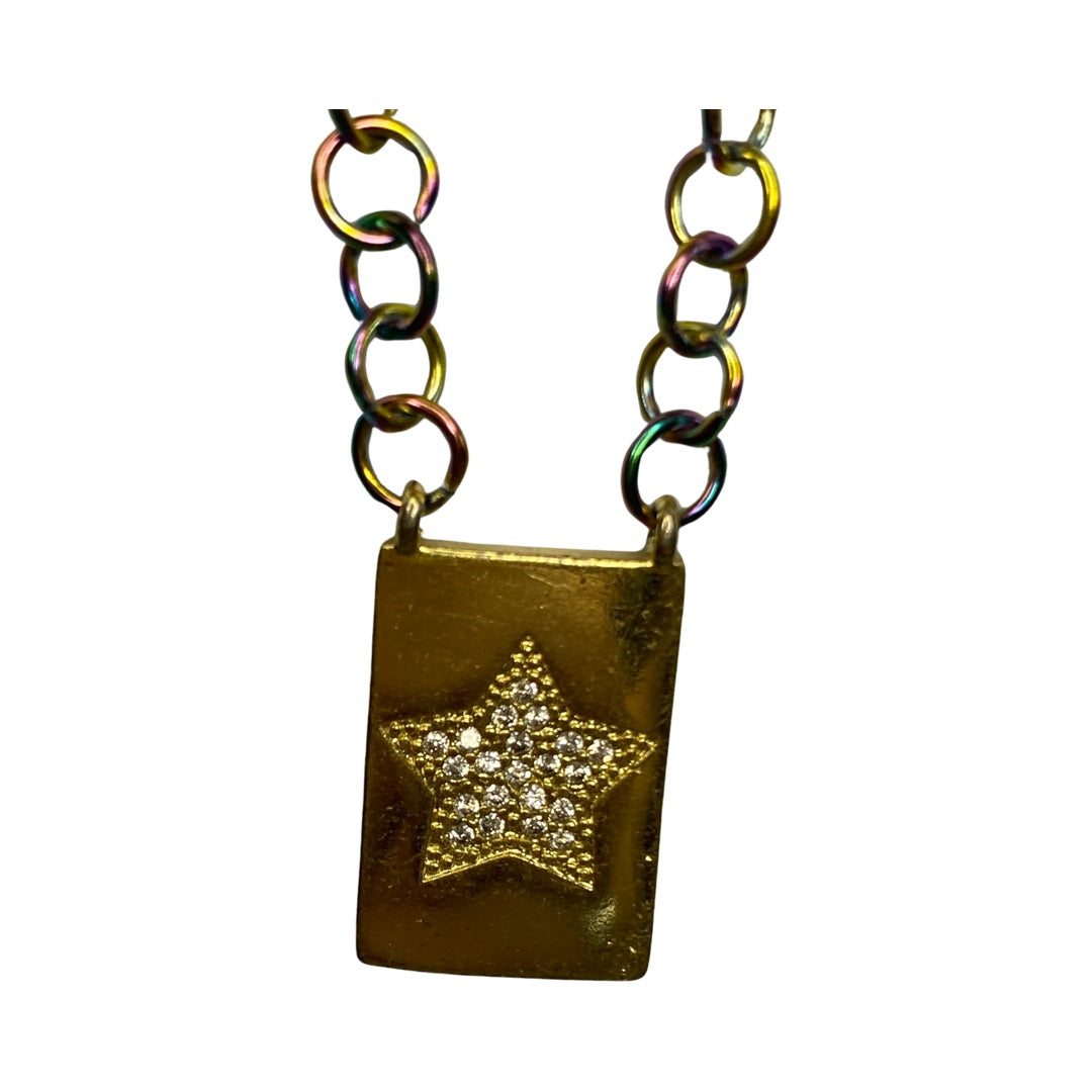 Gold Plated Rhinestones Moon Square Stainless Steel & Gold Plated Rhinestones Star Square Stainless Steal Litmus Chain 32” Lariats Necklace