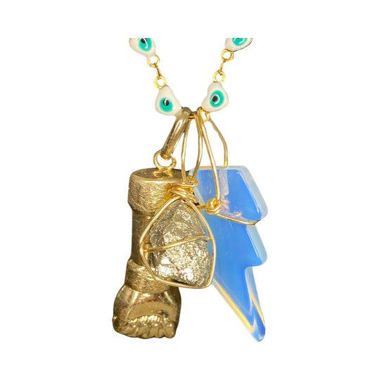 Gold Plated Stainless Steel Fist, Pyrite & Opalite Lighting Bolt Cluster   Heart Eyes 20” Matinee Necklace