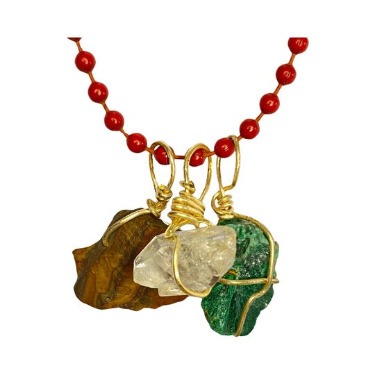 Raw Tiger Eye, Clear Quarts & Raw Malachite Red Chain 22” Matinee Necklace