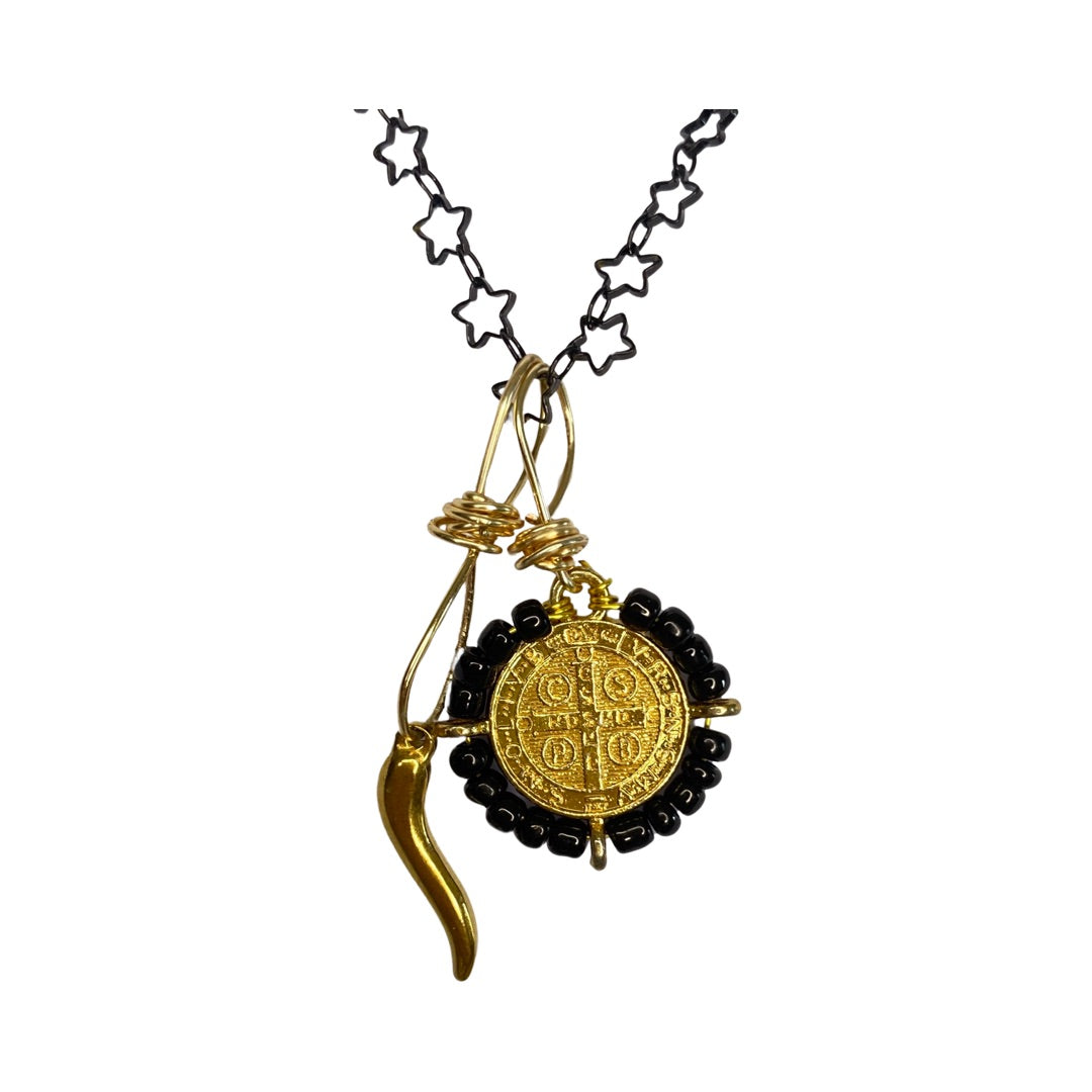 Black Pearls Gold Plated Stainless Steel & Gold Plated Stainless Steel Horn Pendant 20“ Matinee Necklace