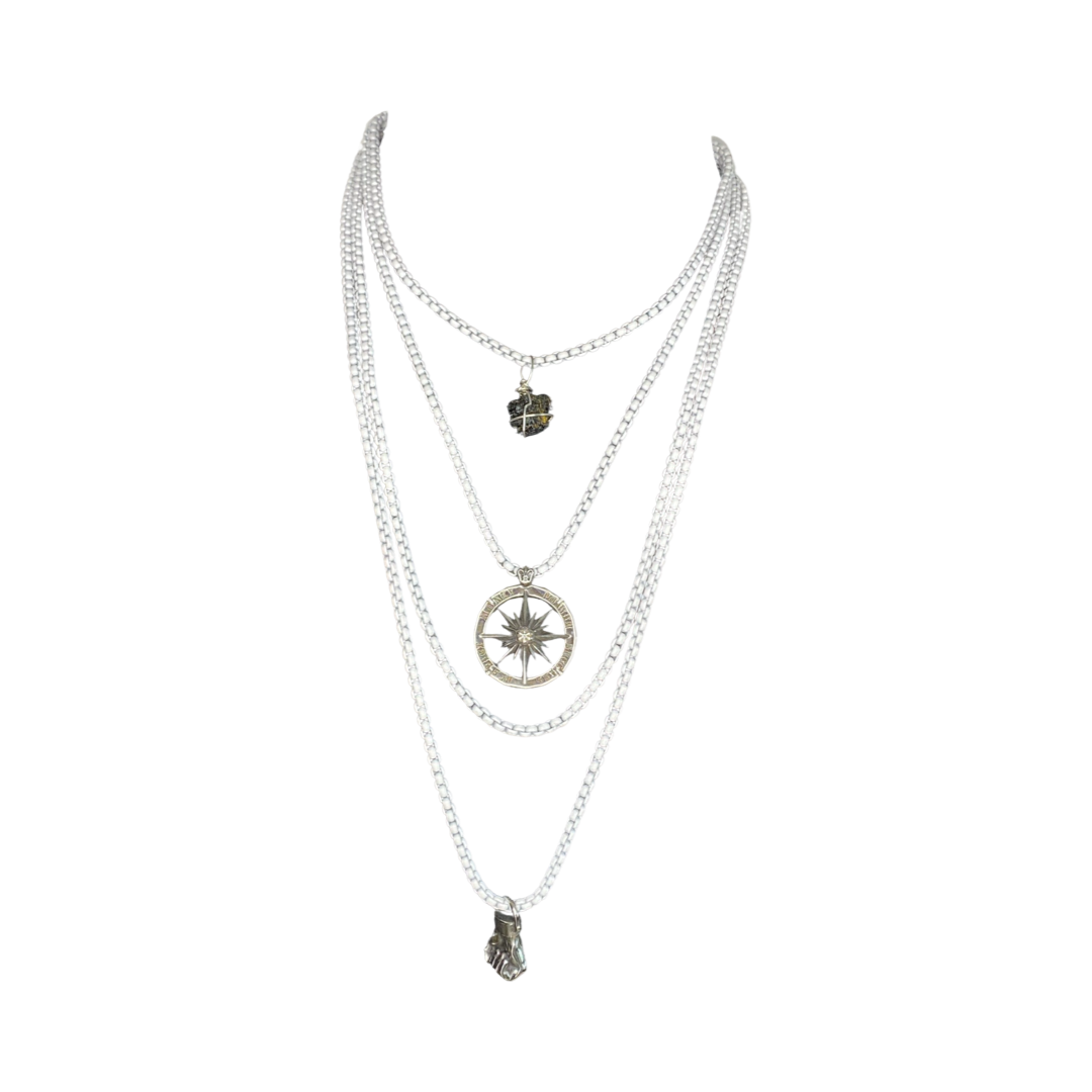 Black Tourmaline, Wind Flower/Compass & Fist’s Stainless Steel White Chains Layered  16“ Choker Necklace