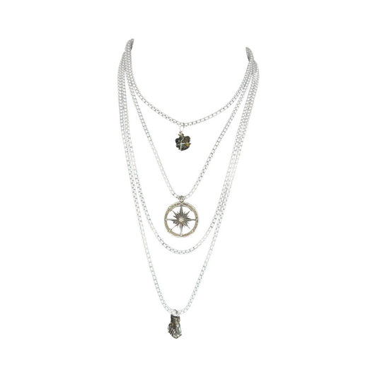 Black Tourmaline, Wind Flower/Compass & Fist’s Stainless Steel White Chains Layered  16“ Choker Necklace