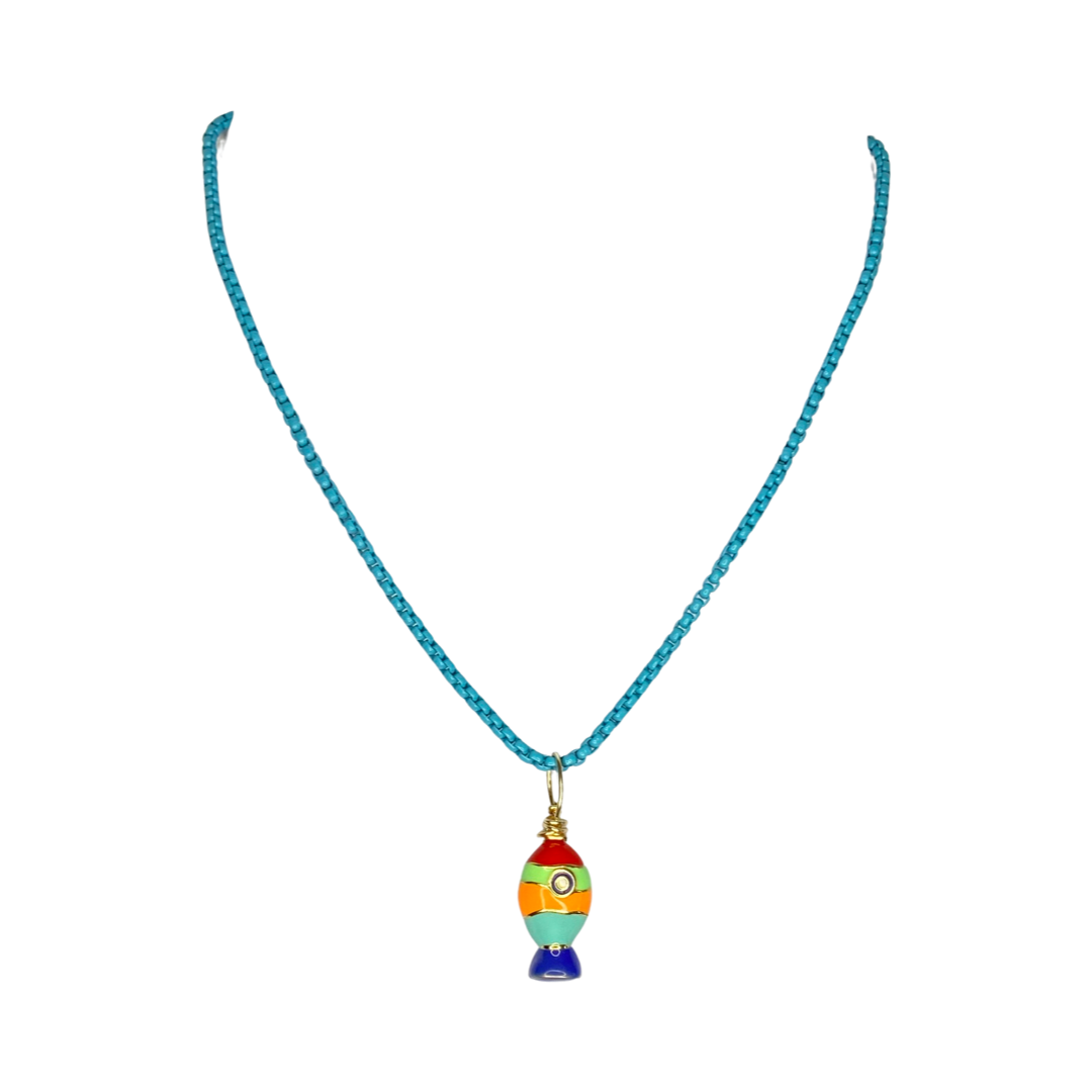 Gold Plated Colorful Fish Charm Stainless Steel Light Blue Chain 18” Princess Necklace