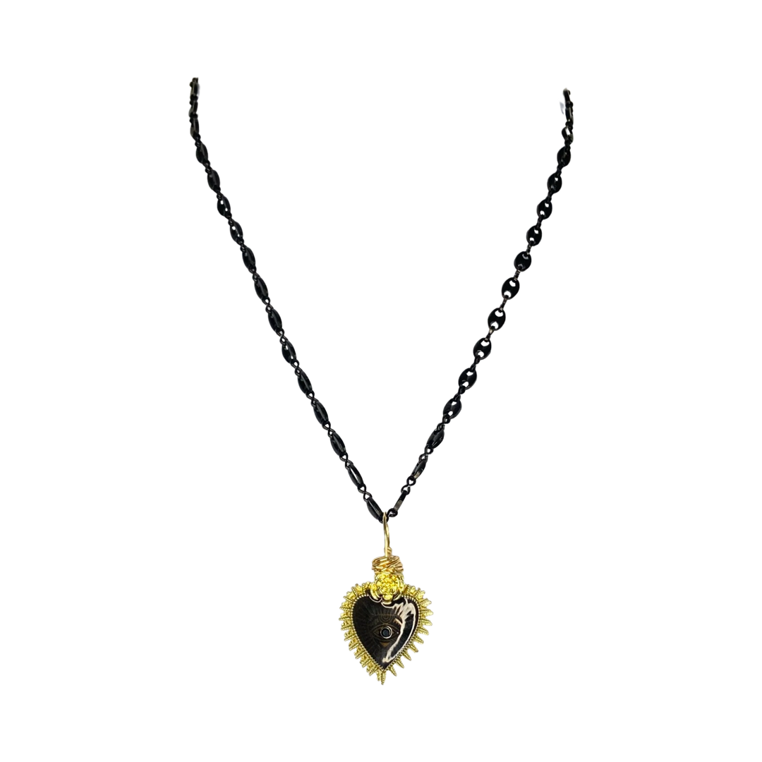 Black Sacred Heart Enamel Charm  20“ Matinee Necklace