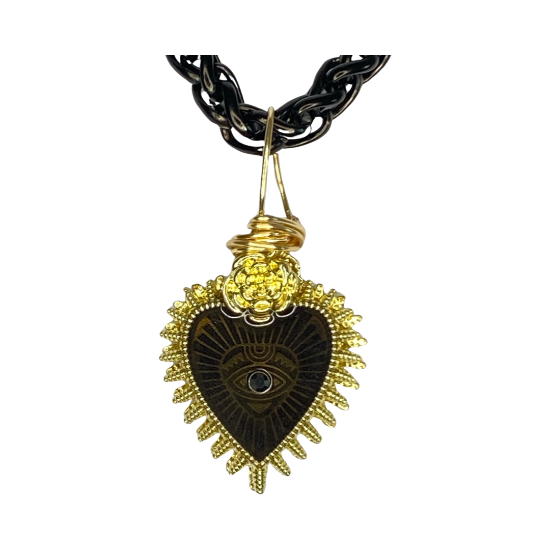 Gold Plated Sacred Heart Black & Red Reversible 20“ Matinee Necklace