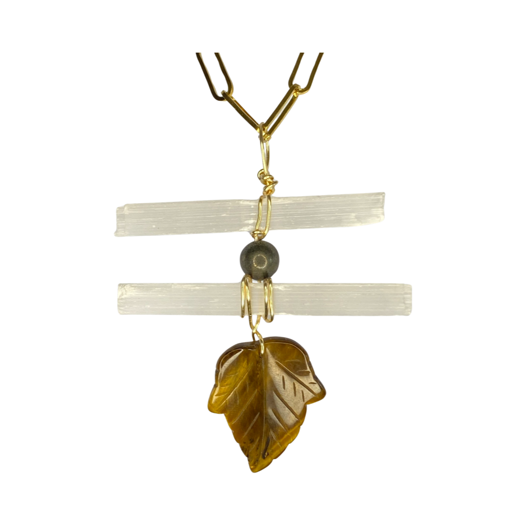 Two Selenite, Pyrite & Tiger Eye Leaf  21“ Matinee Necklace