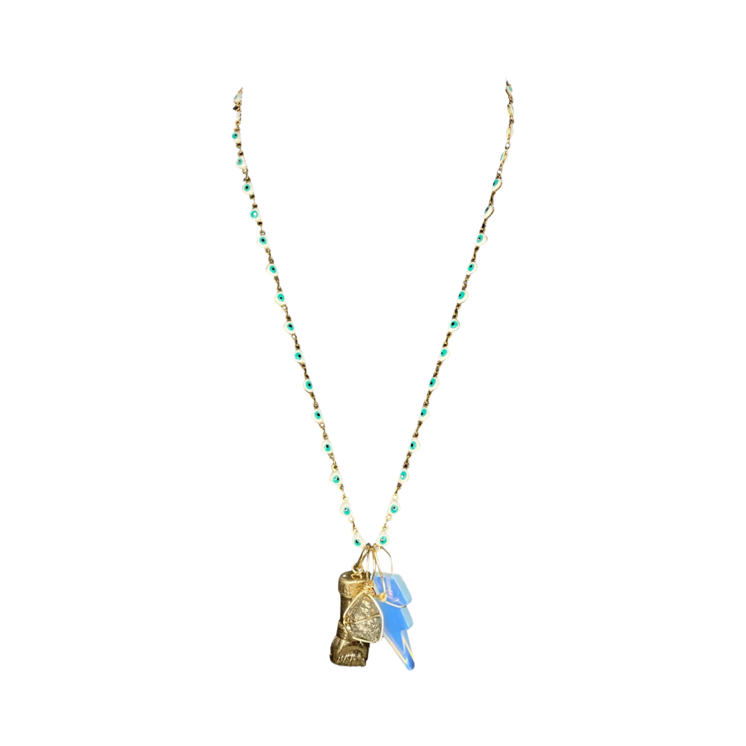 Gold Plated Stainless Steel Fist, Pyrite & Opalite Lighting Bolt Cluster   Heart Eyes 20” Matinee Necklace