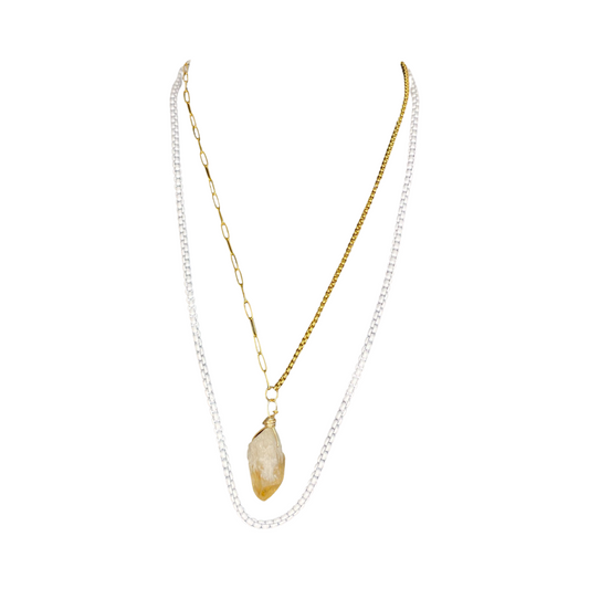 Citrine White & Gold Chains Layered 24” Matinee Necklace