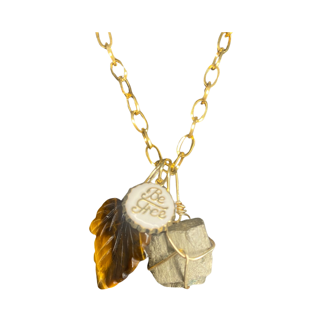 Tiger Eye Leaf, Pyrite & Enamel Charm Cluster 19“ Princess Necklace