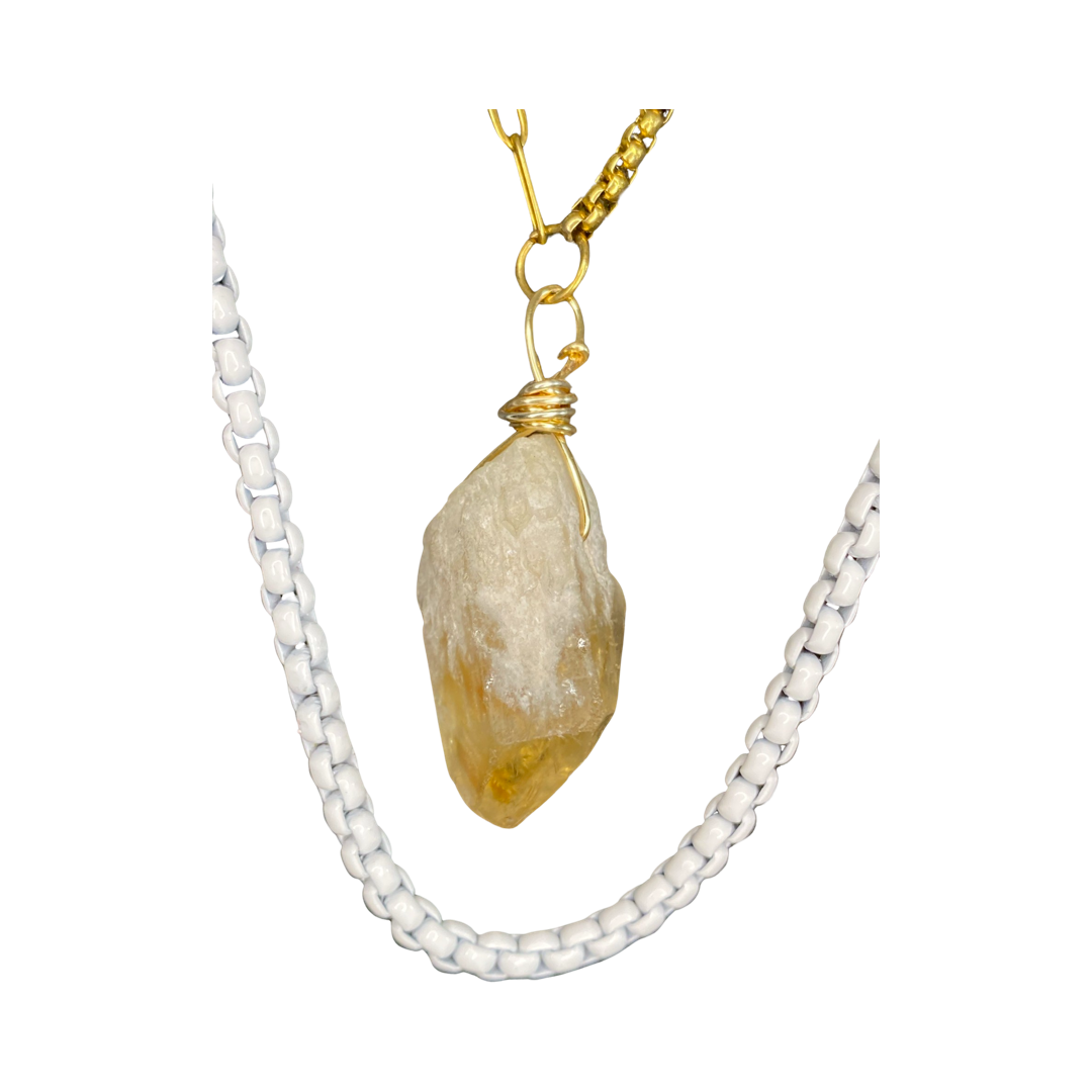 Citrine White & Gold Chains Layered 24” Matinee Necklace