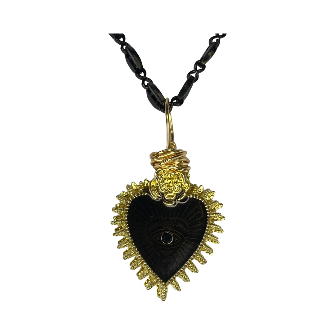 Black Sacred Heart Enamel Charm  20“ Matinee Necklace