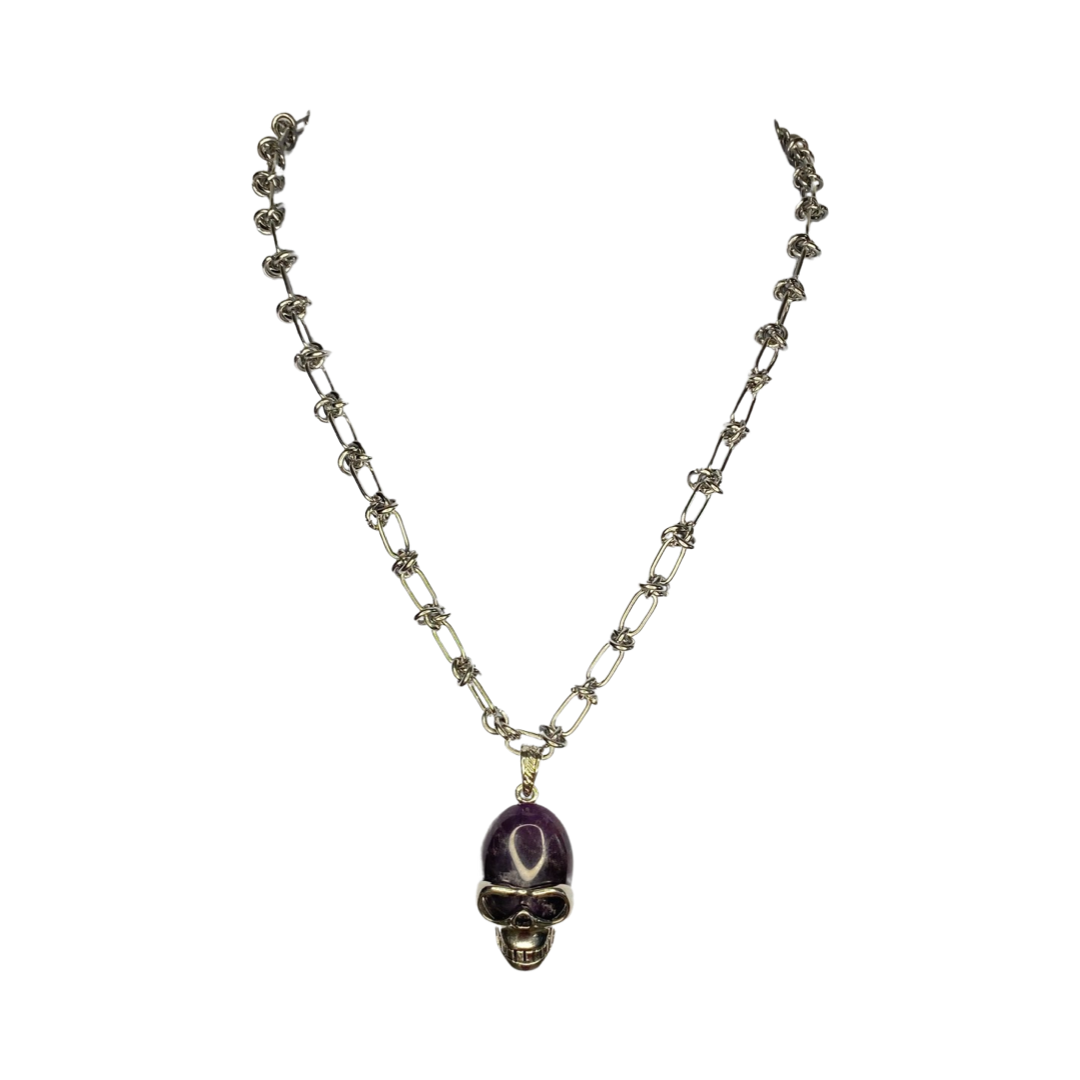 Amethyst Stainless Steel Skull 24” Matinee Necklace