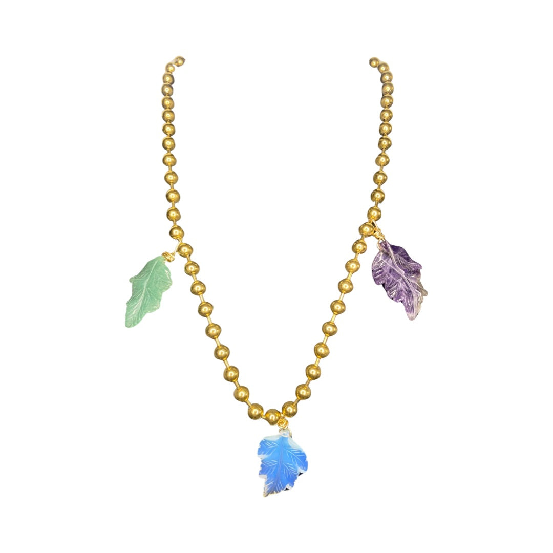 Opalite, Amethyst & Green Aventurine Leafs 25” Matinee Necklace